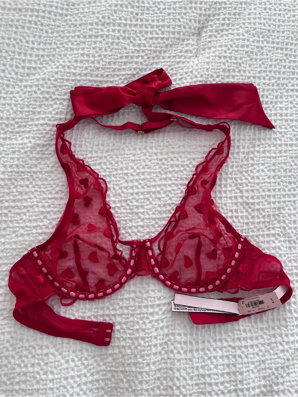 Victoria's Secret Red Heart-Embroidered Sheer Lace Bra